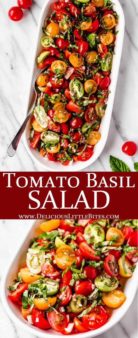 Tomato Basil Salad is the perfect summer side dish to serve at barbecues, cookouts, and picnics outdoors. This healthy recipe features juicy tomatoes and fresh basil, which provide tons of flavor. Quick and easy to prepare, or modify, refreshing Tomato Basil Salad is the versatile, simple side dish you’ve been searching for. | #tomatosalad #marinatedtomatoes #gardentomatoes #heirloomtomatoes, #sidedish #salad Tomato Feta Salad Balsamic, Salad With Lettuce And Tomatoes, Fresh Basil Salad Recipes, Zucchini Tomato Basil Recipes, Tomato Pesto Salad, Cherry Tomato Basil Salad, Creamy Tomato Salad, Simple Tomato Salad, Fresh Tomato Side Dishes