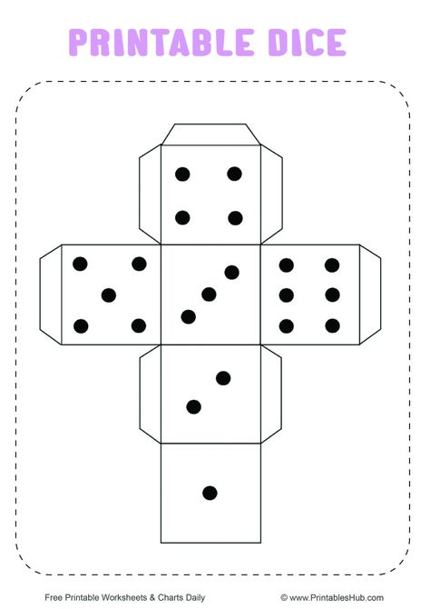 Free Printable Dice Template [PDF] (Blank and With Dots) - Printables Hub Blank Dice Template Free Printable, Easter Dice Game Printable, Paper Dice Diy Free Printable, Dice Printable Template, Printable Dice Template Free, Blank Board Game Template Free, Board Game Template Printable, Dice Games For Kids Free Printables, Dice Cutout