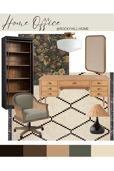 Light Wood Desk Office, Anthropologie Inspired Home Office, Vintage Office Wallpaper, Moody Eclectic Office, Home Office Taupe, Anthro Inspired Office, Moody Office Inspiration Cozy, Green Brown Office, Moody Office Desk