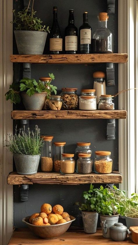 Small Farmhouse Kitchen Decor Ideas, Rustic Kitchen Accessories, Kitchen Shelving Ideas, Kitchen Open Shelving Ideas, Open Kitchen Shelving, Rustic Kitchen Shelves, Kitchen With Open Shelving, Botanical Kitchen, Farmhouse Kitchen Inspiration