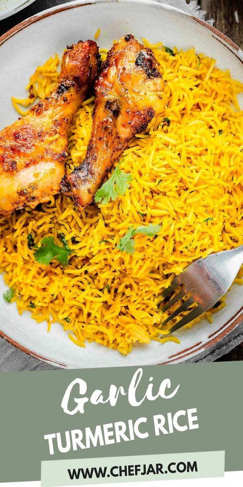 #HowDoesAHealthyNutritionWork Tumeric Rice Recipe, Panda Express Black Pepper Chicken, Garlic Turmeric Rice, Salmon Recipes Air Fryer, Tumeric Rice, Rice Video, One Pot Recipes, Basmati Rice Recipes, Turmeric Rice