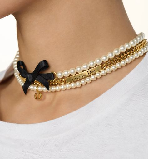 Le Nœud de Dior Choker Gold-Finish Metal with White Resin Pearls and Black Satin | DIOR Dior Choker, Elegant Choker, Engraved Plates, Choker Gold, Satin Bow, Black Satin, Fashion Items, Latest Styles, Gold Finish