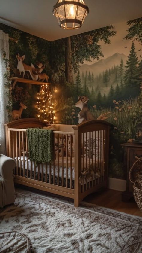 Nursery Forest Wallpaper, Woodland Nursery Furniture, Dark Whimsical Nursery, Forrest Nursery Neutral, Woodland Vintage Nursery, Enchanted Forest Nursery Ideas, Northern Lights Nursery, Boy Nursery Woodland Theme, Forest Fairy Nursery