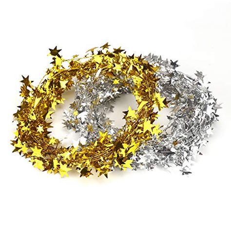 CCINEE 50FT Star Tinsel Garlands with Wire, Christmas Star Wire Garland Decorations for Xmas Tree Home Wedding Birtahday Party Festive Ornament, Golden and Silver, 2 Pack Wedding Tree Decorations, Tree Door, Door Table, New Years Tree, Christmas Tinsel, Christmas World, Tinsel Garland, Tree Home, Star Garland