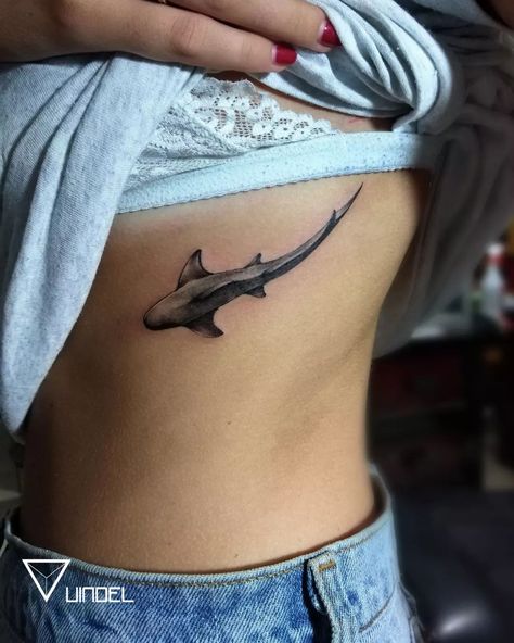 Shark And Whale Tattoo, Writing Placement Tattoo, Shark Cover Up Tattoo, Blue Shark Tattoo, Blacktip Reef Shark Tattoo, Shark Tattoo On Hip, Feminine Shark Tattoo, Shark Hip Tattoo, Shark Rib Tattoo