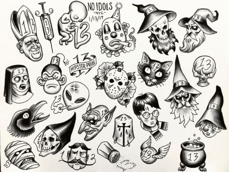 Friday The 13th Tattoo Flash, Tattoo Flash Sheets, Friday The 13th Flash, Friday The 13th Tattoo, Catrina Tattoo, Flash Sheets, 13 Tattoos, Arte Doodle, Flash Tattoo Designs