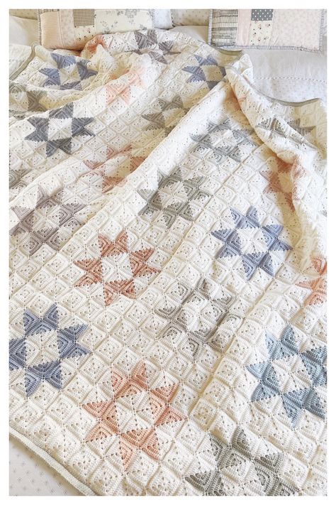 Star Quilt Bedspread Blanket Free Crochet Pattern - DIY Magazine Cross Stitch Crochet Blanket, Patchwork Crochet Blanket, Quilts Crochet, Granny Square Blanket Crochet Pattern, Crochet Coverlet, Crochet Patchwork Blanket, Crochet Quilt Pattern, Auntie Life, Granny Square Quilt