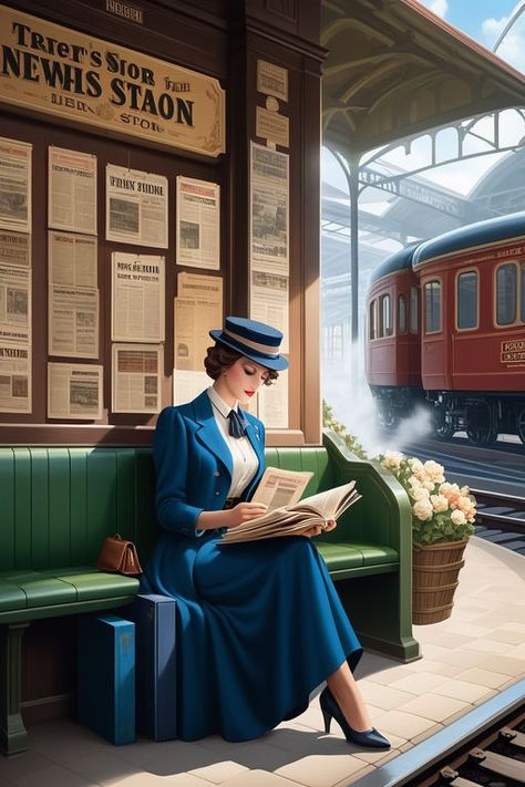 Vintage Reading at the Train Station. A woman reads a book... by Athina Dimitriadou - Playground Vintage Train Station, Vintage Reading, Girl Reading Book, Luxury Tents, Royal Life, Pulp Art, Vintage Train, Woman Reading, Girl Reading