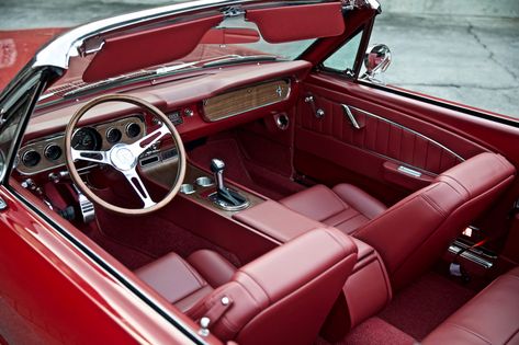 Vintage Cars Interior, Car Interior Vintage, Vintage Mustang Aesthetic, Vintage Car Interior, Red Car Interior, Red Convertible Aesthetic, Red Interior Car, Cherry Red Convertible, Convertible Mustang