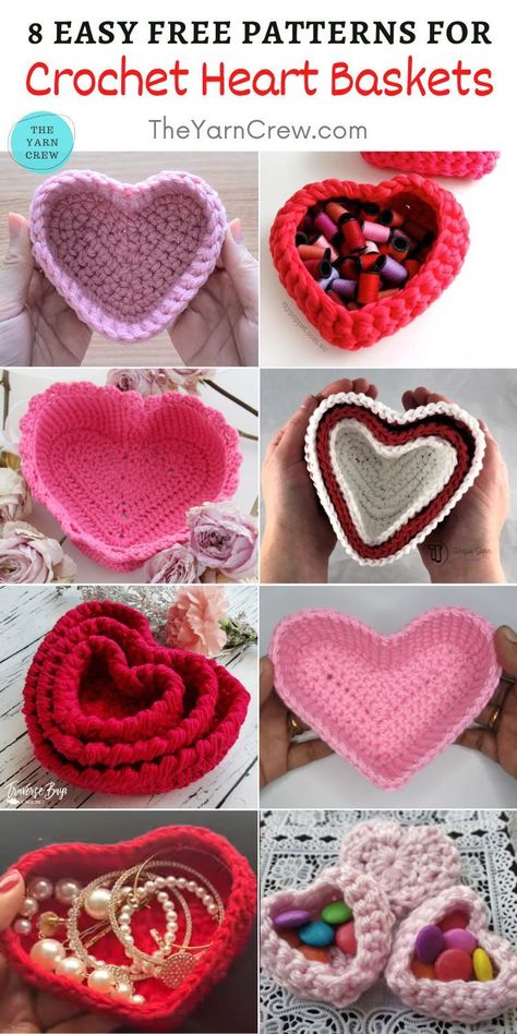 Create your beautiful Valentine's Day baskets with this collection of free crochet patterns curated by The Yarn Crew. Valentine’s Crochet Patterns, Crochet Heart Basket Free Pattern, Valentines Day Knitting, Crochet Patterns For Valentine's Day, Free Crochet Valentine's Day Patterns, Valentine Day Crochet Ideas, Valentines Crochet Gifts, Valentine Crochet Patterns Free Gift Ideas, Free Crochet Valentines Ideas