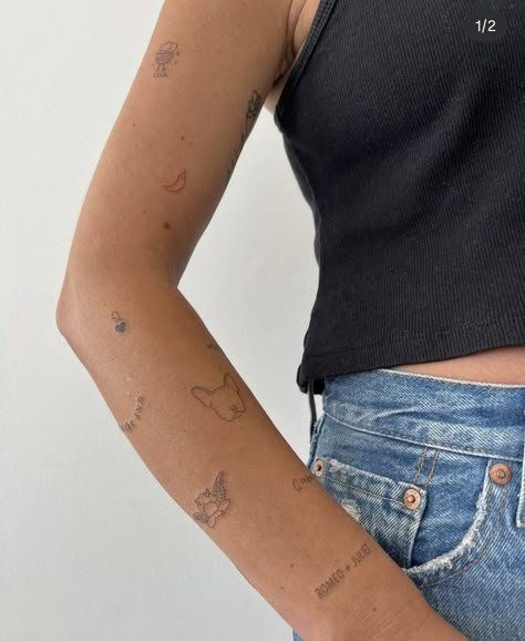 Mini Tattoos Sleeve Woman, Minimalist Arm Sleeve Tattoo, Tiny Tattoos Patchwork, Small Tattoos Bicep, Dainty Sticker Sleeve Tattoo, Micro Tattoo Arm, Long Dainty Tattoo, Tiny Arm Tattoo Placement, Spot Tattoo Sleeve