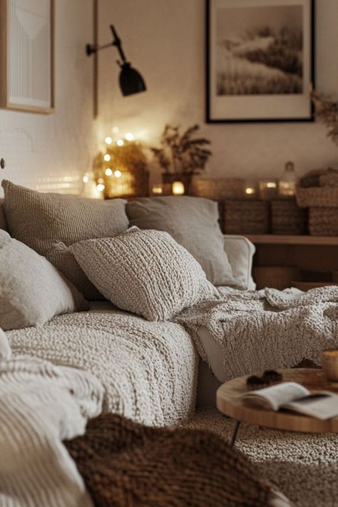 Embrace hygge decor for a warm, cozy living room filled with comfort. #HyggeDecor #CozyHome #LivingRoomStyle Living Room Hygge, Hygge Living Room Inspiration, Scandinavian Hygge Decor, Home Cozy Aesthetic, Hygge Decor Living Rooms, Hygge Living Room Ideas, Warm Cozy Living Room, Hygge Home Decor, Hygge Living Room