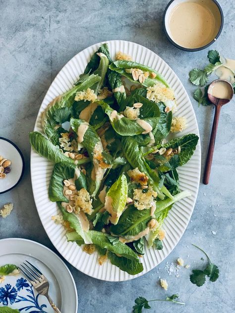 Little Gem Salad with Creamy Miso Peanut Dressing Peter Som Peanut Miso Dressing, Miso Paste Salad Dressing, Asian Salad With Peanut Dressing, Chicken Crispy Rice Salad With Peanut Dressing, Japanese Miso Salad Dressing, Peter Som, Peanut Dressing, Bean Pasta, Asian Inspired Recipes