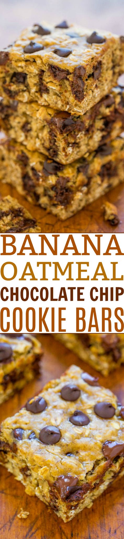 Banana Oatmeal Chocolate Chip Cookie Bars - A FAST and EASY dessert that is on the HEALTHIER side with only 1/4 cup butter and no oil!! Bold banana flavor, chewiness from the oats, and plenty of chocolate in every bite!! Oatmeal Chocolate Chip Bars Recipe, Banana Oatmeal Chocolate Chip Cookies, Banana Oatmeal Chocolate Chip, Oatmeal Chocolate Chip Cookie Bars, Oatmeal Bar, Oatmeal Chocolate Chip Cookie, Fast Easy Desserts, Oatmeal Chocolate Chip Bars, Banana Dessert Recipes