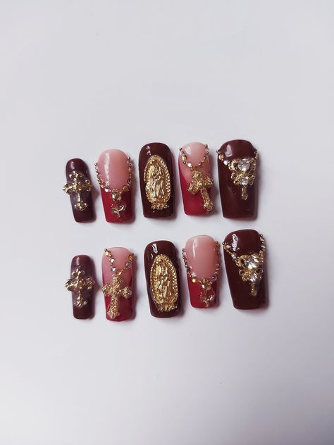 Red And Brown Nails, Virgin Mary Nails, Catholic Nails, Rosary Nails, Mary Nails, Play Instruments, Nails With Red, Red And Gold Nails, Heart Costume