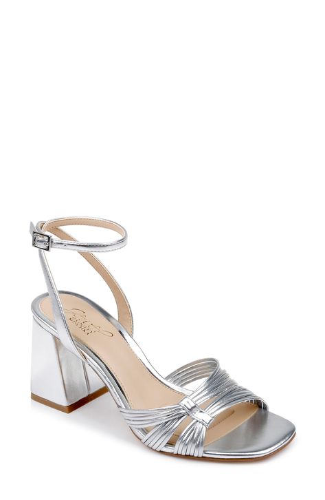 Jewel Badgley Mischka Michelle Ankle Strap Sandal (Women) | Nordstrom Silver Block Heels, Jewel Badgley Mischka, Flat Booties, Strappy Block Heels, Strap Sandals Women, Low Heel Shoes, Open Toe Sandals, Sandal Women, Badgley Mischka