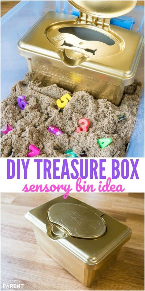 DIY Treasure Chest for Kids - Make this treasure box for a fun sensory bin with treasure hunt ideas! Learn how to make this simple craft project! Sand Sensory Bin, Diy Treasure Chest, Treasure Hunt Ideas, Toddler Sensory Bins, Toddler Sensory, Sensory Boxes, Sensory Table, Kinetic Sand, Simple Craft