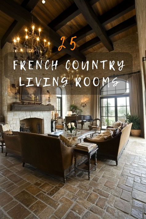 Dreaming of a French country living room? Click for 25 enchanting decor ideas that'll transport you to a rustic yet chic countryside! 🌿🛋️ #FrenchCountry #LivingRoomInspiration #ChicDecor #RusticElegance #HomeStyle Fireplace Decor French Country, French Country Fireplace Ideas, Rustic French Country Living Room, Modern French Country Living Room, French Country Living Room Ideas, Ralph Lauren Home Living Room, French Country Family Room, French Country Fireplace, Country Living Room Ideas