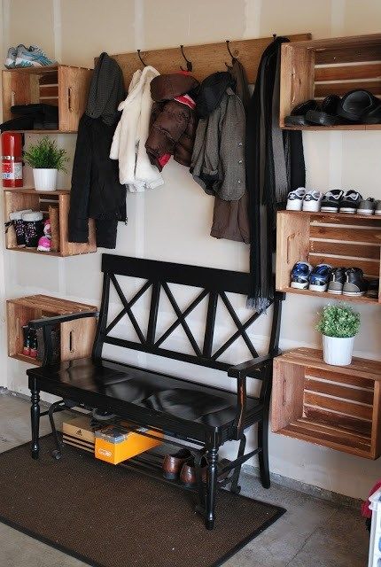 Crates On Wall, Mud Room Garage, Mudroom Organization, Garage Entry, Garage Remodel, Garage Makeover, Garage Storage Organization, Garage House, Diy Garage