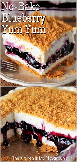 No-Bake Blueberry Yum Yum ~ With two fluffy layers sandwiching a layer of blueberry pie filling, this Southern classic is no-bake deliciousness at its best! www.thekitchenismyplayground.com Yum Yum Cake, Blueberry Yum Yum, The Kitchen Is My Playground, Blueberry Desserts Recipes, Fluffy Layers, Yum Yum Dessert, Blueberry Cheesecake Recipe, Blueberry Pie Filling, Fluff Desserts