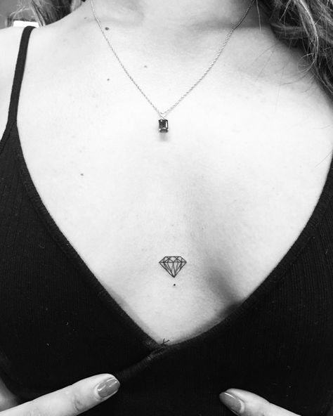 Minimal Diamond Tattoo, Cute Diamond Tattoo, Sternum Diamond Tattoo, Minimalist Diamond Tattoo, Tattoo Ideas Diamond, Geometric Tattoo Diamond, Small Jewel Tattoo, Dainty Diamond Tattoo, Fine Line Diamond Tattoo