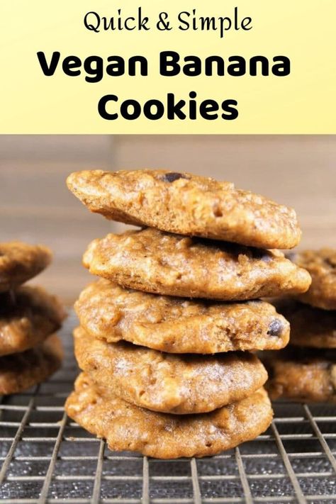 Cookies made with banana, oatmeal, chocolate chips, and peanut butter. Made in 30 minutes. So yummy! #easyvegancookies #easyvegandessert #veganbananacookies