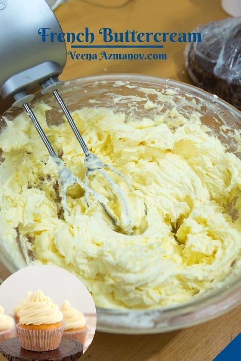 This French buttercream is custardy, silky smooth, and buttery made with egg yolks, sugar syrup, and lots of butter. It takes less than 15 minutes to make and is perfect for frosting cakes, pipe cupcake swirls, and even draped with fondant. #buttercream #French #frenchbuttercream #buttercreamrecipe #frenchfrosting #frechbuttercreamrecipe #meringuebuttercream #howto French Buttercream Frosting Recipe, Different Buttercream, French Buttercream Frosting, Vanilla Icing Recipe, Cookies And Cream Frosting, French Buttercream, It Gets Easier, French Vanilla Cake, Cake Filling Recipes