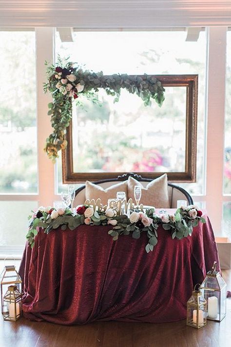 greenery and burgundy sweetheart table decor #wedding #weddings #weddingideas #hmp White Flower Centerpieces, Gold And Burgundy Wedding, Gold Place Setting, Sweetheart Table Decor, Wedding Ceremony Ideas, Sweetheart Table Wedding, Flowers And Greenery, Winter Wedding Inspiration, White Wedding Flowers