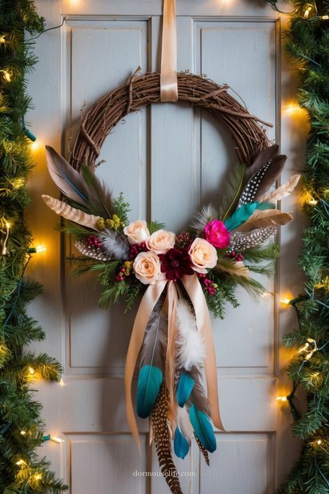 Get inspired by the boho Christmas vibes with our enchanting collection of handmade Christmas wreaths. Add a touch of whimsy and charm to your holiday decor this season. Elevate your space with unique, nature-inspired wreaths that radiate festive cheer and warmth. Embrace the magic of the holidays with these stunning creations crafted just for you. Eclectic Christmas Trees, Boho Wreaths, Dreamcatcher Christmas, Bohemian Wreath, American Wreath, Christmas Wreath Ideas, Macrame Garland, Handmade Christmas Wreaths, Boho Christmas Decor