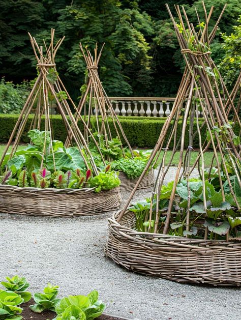 Woven Willow Raised Garden Bed #decorhomeideas Willow Garden Ideas, Willow Garden Structures Diy, Woven Garden Beds, Wattle Raised Garden Bed, Willow Raised Beds, Raised Beds Ideas, Willow Garden Structures, Fences For Gardens, Backyard Farm Ideas