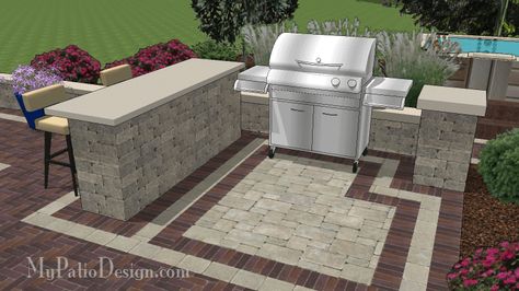 Gorgeous Bar + Grill Station Combo for Grills up to 60” Wide.  Easy Stack and Glue Installation.  Download Installation Plans at MyPatioDesign.com Steak Ideas, Grilling Steak, Grilling Station, Patio Blocks, Outdoor Grill Station, Patio Grill, Outdoor Kitchen Countertops, Outdoor Kitchen Bars, Grill Station