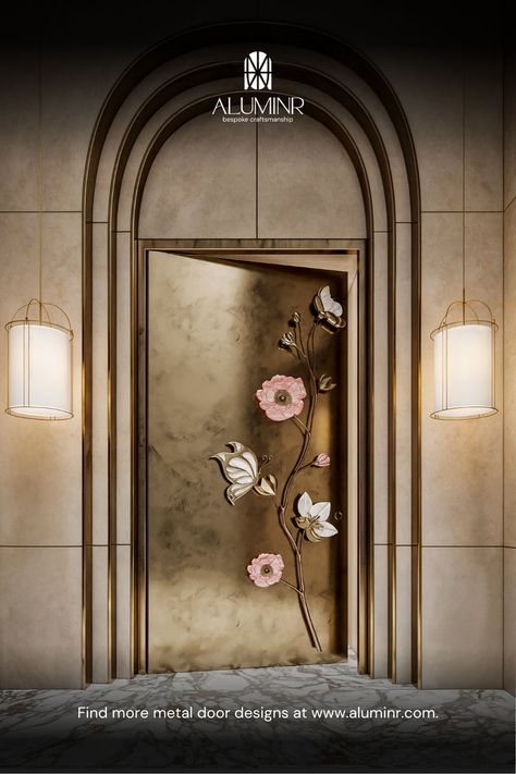 At Aluminr, every door tells a story—a story woven from threads of tradition, artistry, and unrivalled craftsmanship. Our legacy is not just in creating doors but in celebrating and elevating the art of metalwork, making each piece a testament to elite craftsmanship and cultural heritage. #luxury #homedecortips #design #poojaroom #indianarchitecture #livingspace #unique #aesthetic Metal Door Entryway Entrace Luxury Brass Handle Copper Aesthetic Interior Design Home Decor Serene Antique Customize Wedding Haul, Copper Aesthetic, Earthy Interior, Front Door Ideas, Metal Front Door, Grill Gate Design, Metal Doors Design, Drawings Tutorials, Luxury Door