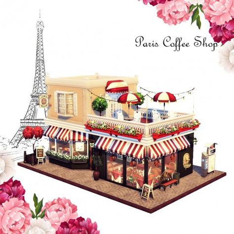 Agathea-k: Paris Coffee Shop Cute Bakery Exterior Design, Cute Restaurant Exterior, Sims 4 Cafe Layout, Bloxburg Resturant Ideas, Sims4 Bakery, Dinkum Ideas, Sims Bakery, Sims 4 Bakery, Cafe Exterior Design