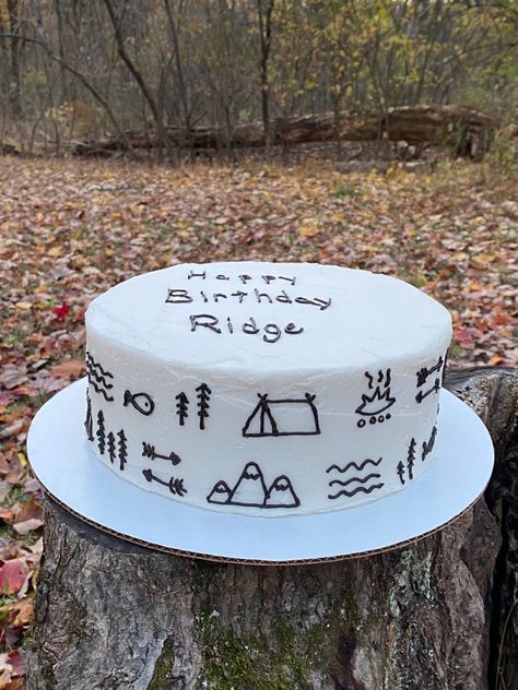 Camping hiking outdoors birthday cake Hiking Birthday Cake, Hiking Birthday Party Ideas, Outdoor Birthday Cake, Hiking Cake Ideas, Outdoors Birthday Cake, Hiking Cake, Hiking Birthday, Explorer Birthday Party, Camping Cakes