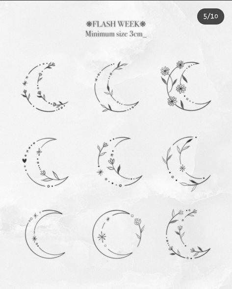 Crescent Moon Flash Tattoo, Half Moon Tattoo Behind Ear, Small Crescent Moon Tattoo Design, One Line Moon Tattoo, Floral Moon Tattoo Designs, Simple Celestial Tattoo, Moon Tattoo Floral, Moon Crescent Tattoo, Floral Crescent Moon Tattoo