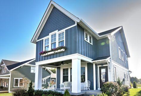 James_Hardie: This home is a great example of creating detail and texture with a variety of siding styles. Featured are HardiePlank lap siding HardiePanel vertical siding and straight-edge HardieShingle siding. If you like this color wed suggest expl https://t.co/Q8Ox9ODJ1g Coastal Exterior House Colors, Vertical Siding Exterior, Blue Vinyl Siding, Vertical Vinyl Siding, Siding Styles, Coastal Exterior, Exterior House Paint, Outside Paint, Hardie Siding