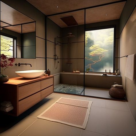 Modern Asian House, Japanese Bathroom Design, Japanese Style Bathroom, Asian Bathroom, Japanese Style Bedroom, Modern Japanese Interior, Japanese Bathroom, Asian House, Zen Interiors