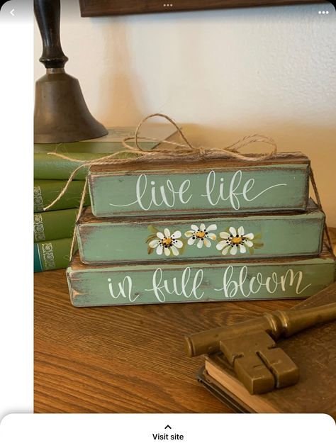 Decorated Books, Snow Books, Bookcase Quilts, Stacked Blocks, Painted Blocks, Live Life In Full Bloom, Old Book Crafts, Scrap Wood Crafts, Faux Books