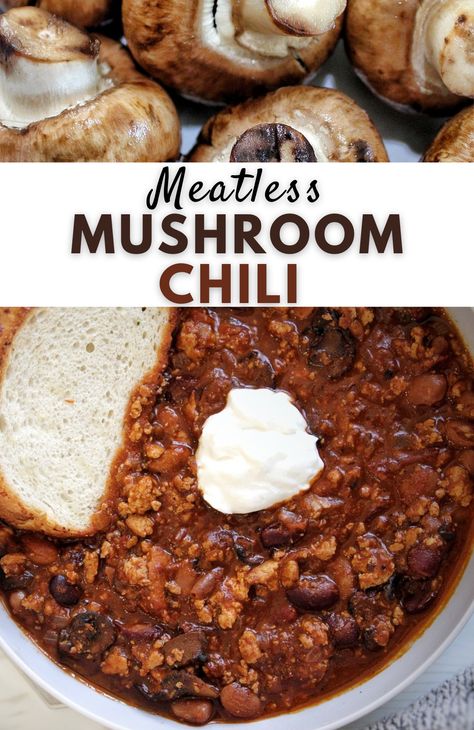 Meatless mushroom chili is LOADED with meat-free protein including mushroom, tofu, and 2 types of beans. This is the kind of chili even meat-eaters can get behind! A great dinner or lunch recipe that's nutritous and satisfying. #plantbased #vegetarian #dinner #summerdinner #summerdinnerrecipes #plantbased #meatfree #meatless Vegetarian Recipes For Meat Lovers, Meatless Chilli Recipes, Mushroom Plant Based Recipe, Chili Recipe Vegetarian, Mushroom Chili Recipe, Mushroom Meat Substitute Recipes, Chili Mushroom Recipe, Mushroom Chilli Recipe, Black Bean Chili With Mushrooms