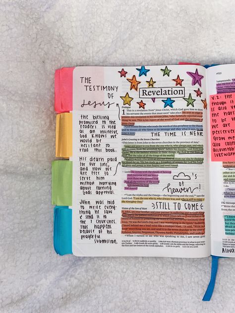 Bible Washi Tape Ideas, Revelation 1 Bible Journaling, Bible Annotations, Bible Highlighting, Bible Journal Notebooks, Bible Studying, Revelation Bible, Journaling Ideas Drawings, Revelation 1