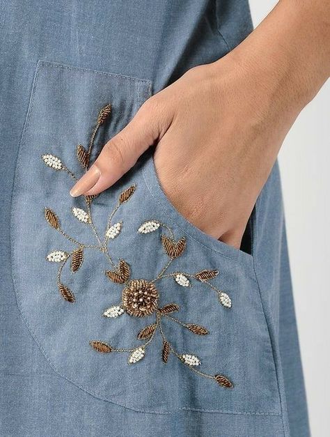 Pocket Kurti Design, Denim Dresses Online, Design Kurta, Hand Embroidery Dress, Embroidery On Kurtis, Kurti Embroidery Design, Kurta Neck Design, Cotton Kurti Designs, Dress Neck Designs