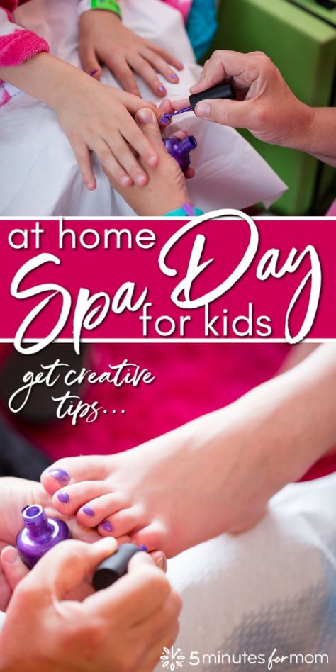 Kids LOVE to play spa. Pretending to pamper and be pampered at a spa is a fun at home activity for kids. These creative tips and fun ideas will help make your at-home spa day extra special. #spaday #kidsactivities #athome #familyfun #KidsSpaDay Spa Night Sleepover, Diy Spa Party For Kids, At Home Spa Day Ideas Birthday Parties, Pamper Ideas, Spa Days At Home, Spa Day For Kids At Home, Mini Spa Day At Home, Home Spa Day Ideas, Spa Day Ideas At Home