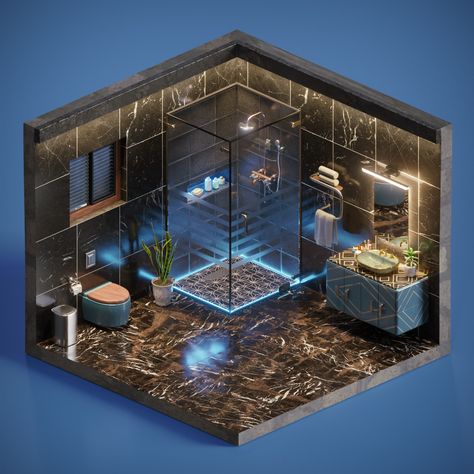 ArtStation - Modern Luxury Isometric Bathroom - Blender work Big Gaming Room Setup, Isometric Bathroom, Cool Room Designs, Boy Bedroom Design, House Floor Design, 3d Interior Design, Architect Design House, Bedroom Setup, Gaming Room Setup