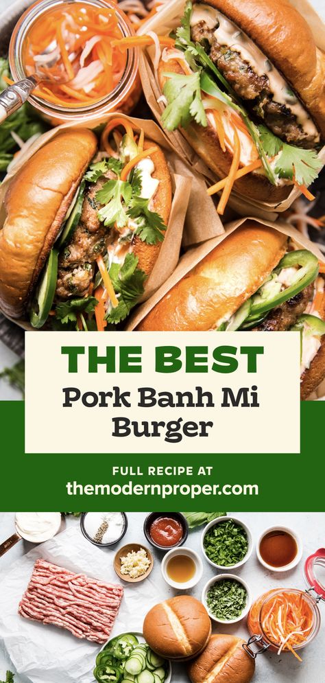 3 banh mi burgers on a plate with pickled carrots cilantro and jalapeños Pork Bahn Mi Burger, Bahn Mi Burgers, Bahn Mi Wrap, Banh Mi Side Dish, Bon Mi Sandwich Recipe, Banh Mi Meatballs, Bang Mi Sandwich, Tasty Burger Recipes, Bon Mi Sandwich