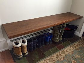 Entryway Floating Bench, How To Build A Floating Bench, Floating Entry Bench, Floating Bench Entryway, Floating Bench Seat, Ski Mudroom, Wood Bench Design, Wood Bench Seat, Mudroom Entry