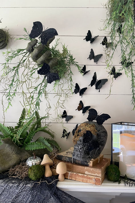 Nature meets creepy as gnarled hands claw through the wall and set the macabre mood for this elegant yet eerie Haunted Garden Halloween Mantel. 

📸: @Giggles_Galore

#Halloween #decor #manteldecor #garden #spooky #hauntedhouse #Orientaltradingcompany Halloween Enchanted Forest, Dark Forest Halloween Decorations, Spooky Forest Decor, Fairy Halloween Decor, Enchanted Halloween Decor, Sam Hain, Haunted Garden, Forest Halloween, Halloween Mantle