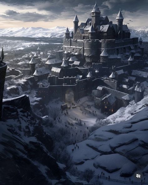 Winterfell Book Art, Winterfell Castle Art, Northern City Fantasy Art, Norse Castle, Westeros Castle, Viking Kingdom, Castle In Snow, Winterfell Art, Viking Castle