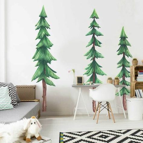 Set of Three Pine Trees Watercolor Wall Decals Room Pine Tree Watercolor, Horse Wall Decals, Forest Room, Trees Watercolor, Themed Kids Room, Tree Watercolor, Tree Decals, Nursery Wall Stickers, Tree Wall Stickers