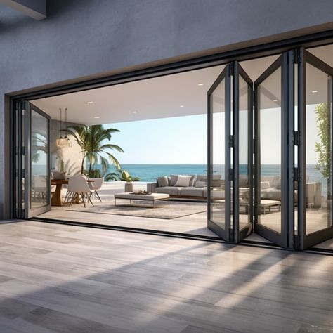 Exterior Folding Door, Modern Sliding Doors Patio, Glass Sliding Doors Exterior Patios, Folding Exterior Doors, Bifold Glass Door, Double Bifold Doors, Big Sliding Glass Doors, Sliding Glass Door Design, Patio Doors Modern