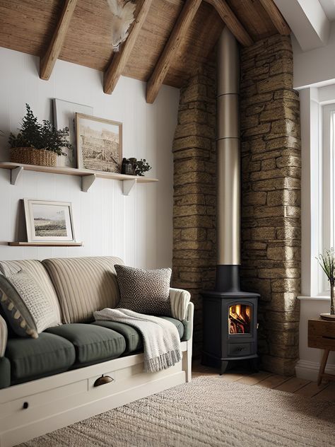 Log Burner In Corner, Corner Log Burner Living Rooms, Free Standing Stove Living Rooms, Wood Stove In Fireplace Opening, Tiny Fireplace, Wood Burning Stove Ideas, Fireplace Apartment, Stone Cottage Homes, Small Tv Room